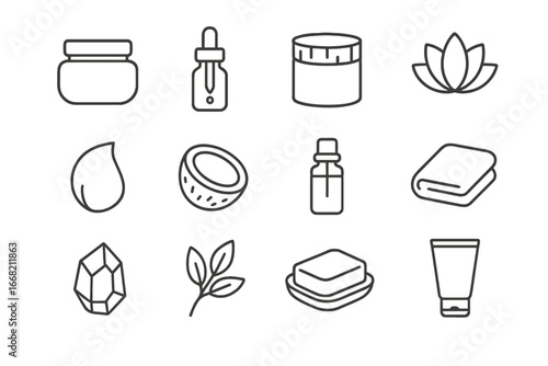 Eco-Luxury Skincare Icons. Outline icon set of eco-luxury skincare: gold jar, glass dropper, bamboo cap, lotus