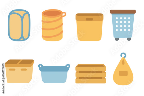 Colorful Laundry Baskets. Flat vector mini-illustrations Laundry basket types in colors children's