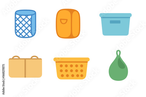 Colorful Laundry Baskets. Flat vector mini-illustrations Laundry basket types in colors children's