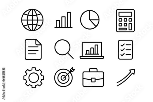 Economic Icons Grid. Outline icon set of economic analysis: globe, bar chart, pie chart, calculator, document,