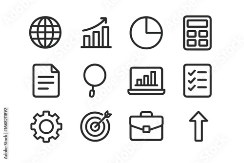 Economic Icons Grid. Outline icon set of economic analysis: globe, bar chart, pie chart, calculator, document,