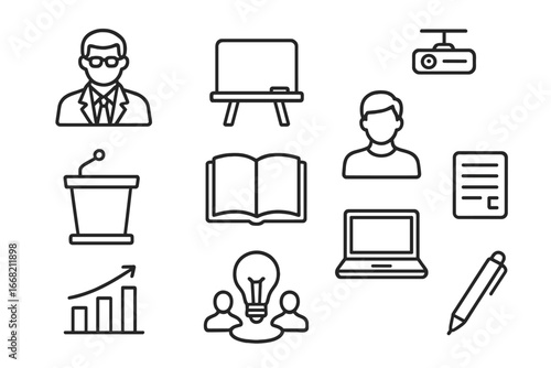 Education Icon Set. Outline icon set of higher education seminars: professor, student, chalkboard, projector,