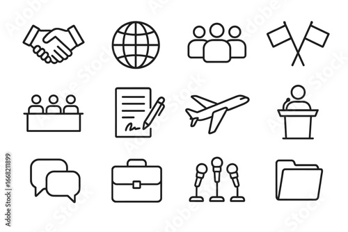 Economic Summit Icons. Outline icon set of economic summit icons: handshake, globe, delegates, flags,