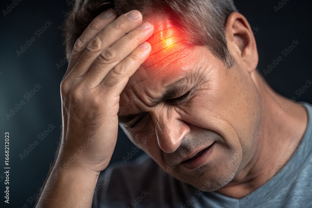 Fototapeta premium Middle-Aged Man with Severe Headache – Clutching Forehead with Red Pain Highlight