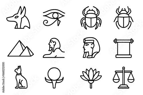 Egyptian Icon Set. Outline icon set of Egyptian mythology legends: Anubis jackal head, Horus falcon, Eye of Ra