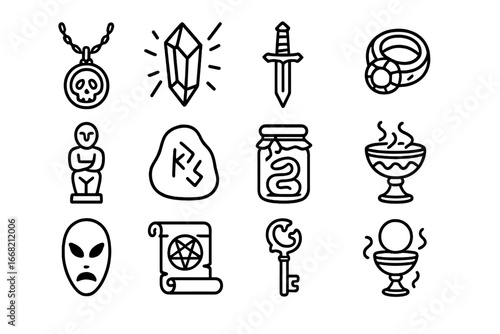 Eldritch Artifacts Icons. Outline icon set of eldritch artifacts: cursed amulet, glowing crystal, black dagger