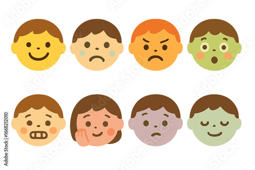 Children's Emotions Grid. Flat vector mini-illustrations Recognizing emotions in colors children's