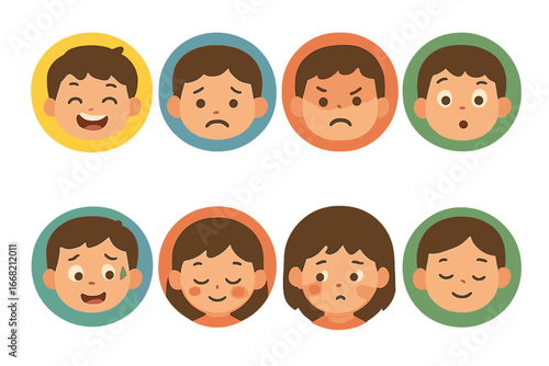 Children's Emotions Grid. Flat vector mini-illustrations Recognizing emotions in colors children's