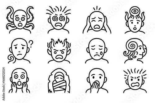 Eldritch Emotions Icons. Outline icon set of eldritch horror emotions: terror, madness, despair, awe,