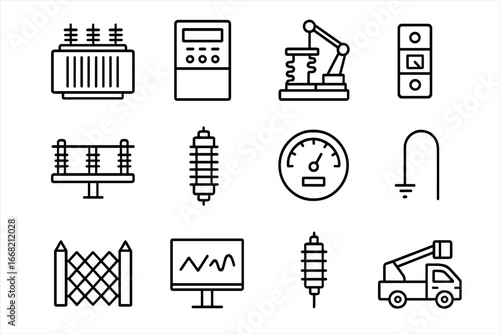 Electric Substation Icons. Outline icon set of electric substation equipment: transformer, control panel,