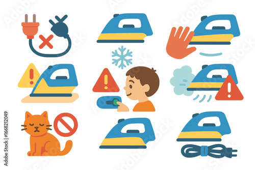 Ironing Safety Tips. Flat vector mini-illustrations Ironing safety tips in colors children's illustrations: