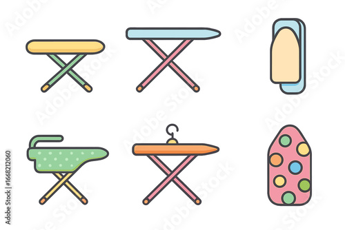 Colorful Ironing Board Icons. Flat vector mini-illustrations Ironing board variations in colors children's