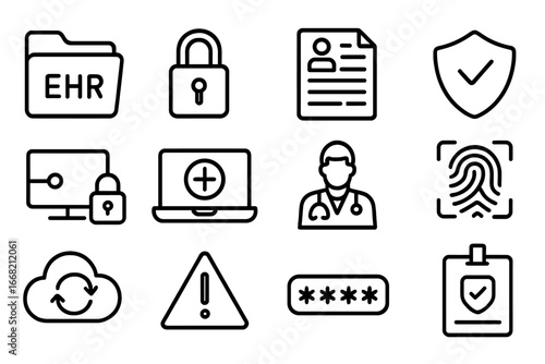Electronic Health Security Icons. Outline icon set of electronic health records privacy: EHR folder, digital