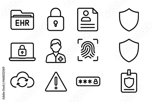 Electronic Health Security Icons. Outline icon set of electronic health records privacy: EHR folder, digital