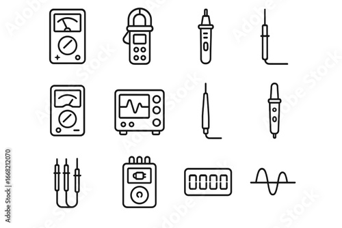 Electrical Tools Icons. Outline icon set of electrical testing tools: multimeter, clamp meter, voltage tester,