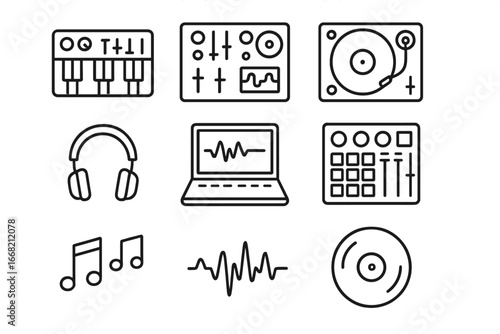 Electronic Music Icons. Outline icon set of electronic music production: synthesizer, DJ mixer, turntable,