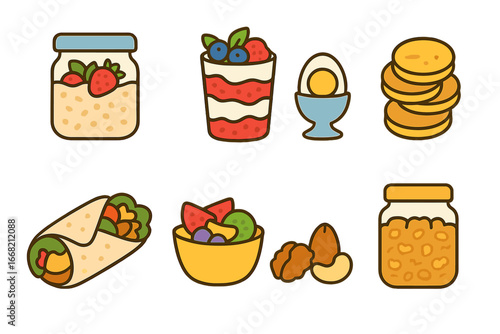 Colorful Breakfast Icons. Flat vector mini-illustrations Breakfast meal prep in colors children's