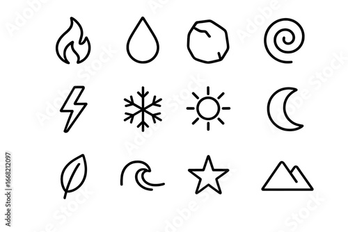 Elemental Magic Icons. Outline icon set of elemental magic symbols: fire flame, water droplet, earth stone,