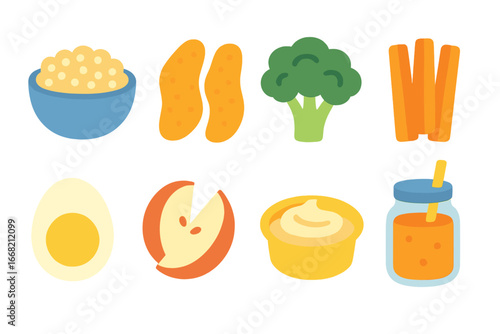 Healthy Meal Icons. Flat vector mini-illustrations Healthy meal prep ideas in colors children's illustrations: