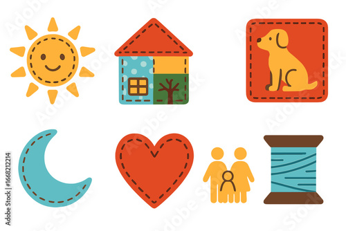 Colorful Patchwork Icons. Flat vector mini-illustrations Story quilts and fabric tales in colors children's