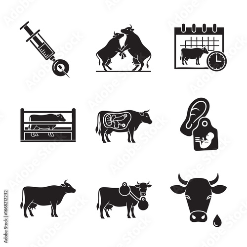 Black icons for cattle farming and veterinary medicine including bull syringe and animal health concepts