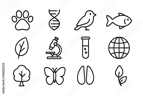 Endangered Species Icons. Outline icon set of endangered species genetics: paw print, DNA strand, bird, fish,