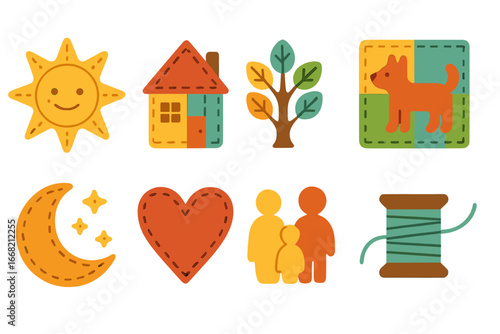 Colorful Patchwork Icons. Flat vector mini-illustrations Story quilts and fabric tales in colors children's