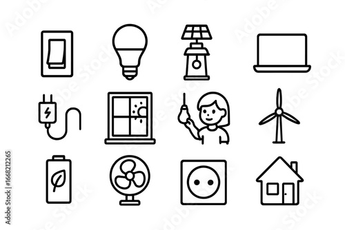 Energy Conservation Icons. Outline icon set of children conserving energy: light switch, LED bulb, solar lamp,