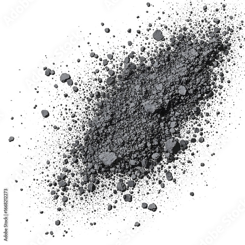 Dynamic explosion of crushed dark grey cosmetic powder or activated charcoal dust creating a textured splash isolated on a white background