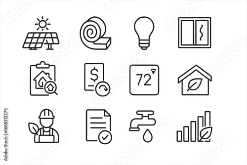 Energy Efficiency Icons. Outline icon set of energy-efficient home upgrades: solar panels, insulation icon,