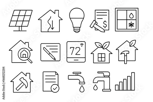 Energy Efficiency Icons. Outline icon set of energy-efficient home upgrades: solar panels, insulation icon,