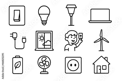 Energy Conservation Icons. Outline icon set of children conserving energy: light switch, LED bulb, solar lamp,