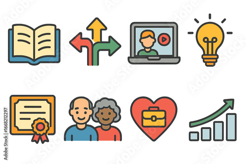 Career Change Icons. Flat vector mini-illustrations Career changes at any age in colors children's