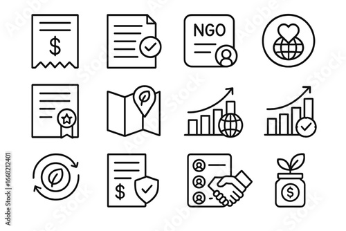Environmental Icons Set. Outline icon set of environmental non-profit support: donation receipt, grant form,
