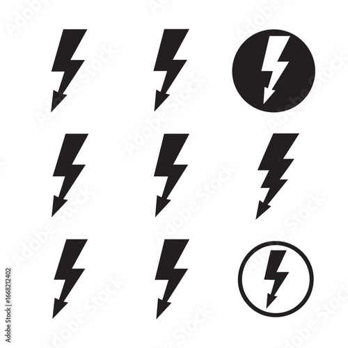 Collection of black lightning bolt icons and symbols for electricity and power