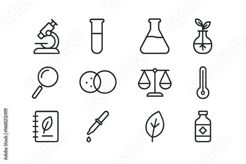 Environmental Science Icons. Outline icon set of environmental science labs: microscope, test tube, beaker,