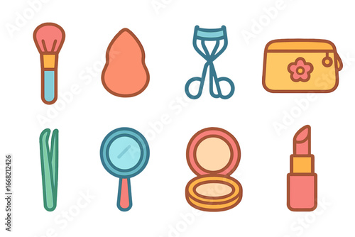 Children's Makeup Tools. Flat vector mini-illustrations Everyday makeup tools in colors children's