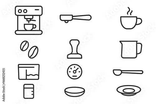 Espresso Icon Set. Outline icon set of espresso preparation: espresso machine, portafilter, coffee cup, steam
