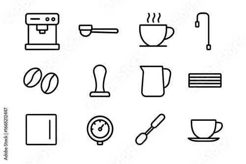 Espresso Icon Set. Outline icon set of espresso preparation: espresso machine, portafilter, coffee cup, steam