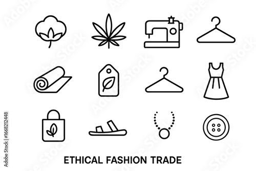 Ethical Fashion Icons. Outline icon set of ethical fashion trade: cotton plant, hemp leaf, sewing machine,
