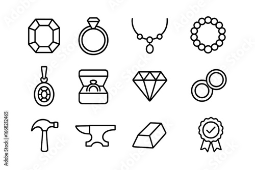 Ethical Jewelry Icons. Outline icon set of ethical jewelry and fair trade craftsmanship: gemstone, ring,