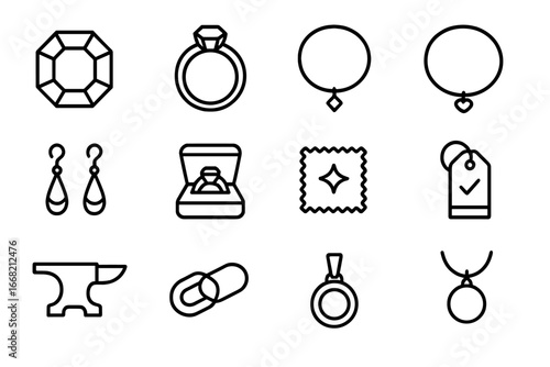 Ethical Jewelry Icons. Outline icon set of ethical jewelry trade: gemstone, ring, necklace, bracelet, earrings