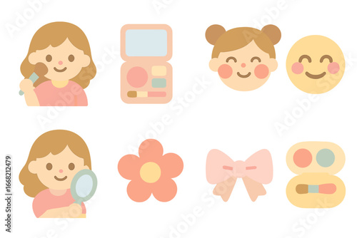 Playful Makeup Kids. Flat vector mini-illustrations Girls doing makeup play in colors children's illustrations