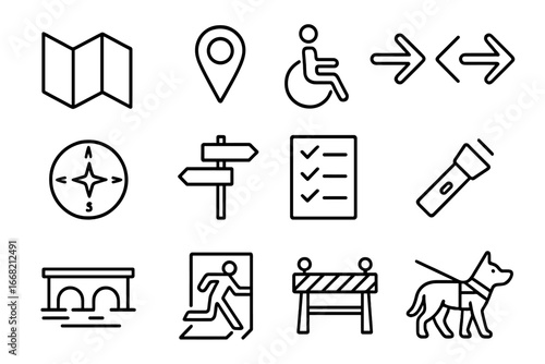 Evacuation Route Icons. Outline icon set of evacuation route planning: map, location pin, wheelchair symbol,