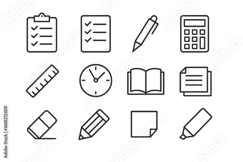 Exam Prep Icons. Outline icon set of exam preparation checklist: clipboard, checklist, pen, calculator, ruler,