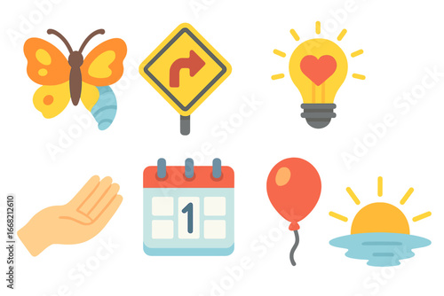 Colorful Life Transitions. Flat vector mini-illustrations Embracing life changes in colors children's