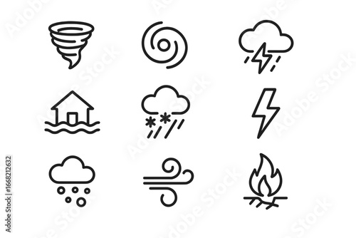 Extreme Weather Icons Grid. Outline icon set of extreme weather events: tornado, hurricane, thunderstorm,