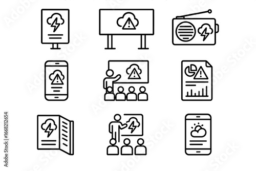 Extreme Weather Awareness Icons. Outline icon set of public awareness for extreme weather: posters, billboards