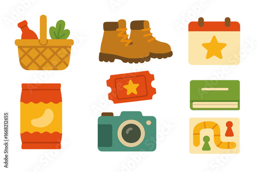Weekend Activity Icons. Flat vector mini-illustrations Weekend planning list in colors children's