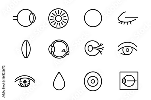 Eye Anatomy Icons. Outline icon set of eye anatomy poster: eyeball, iris, pupil, cornea, lens, retina, optic